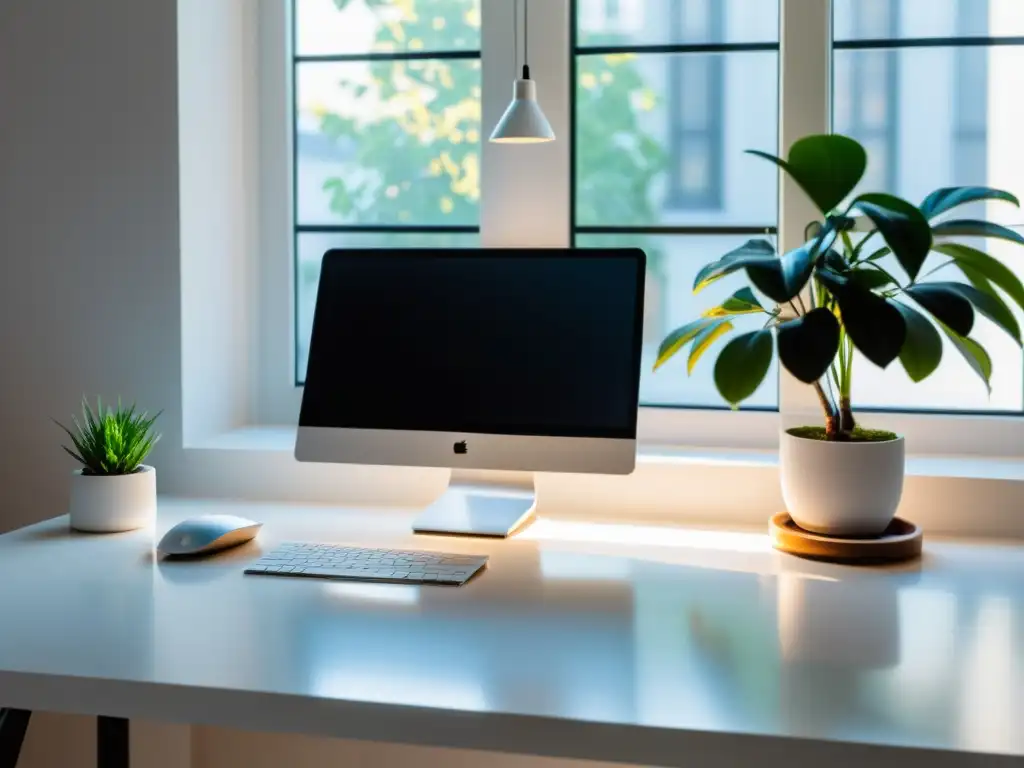 Espacio de trabajo minimalista: productividad y elegancia Un espacio de trabajo minimalista con un escritorio blanco elegante y herramientas de productividad de alta gama