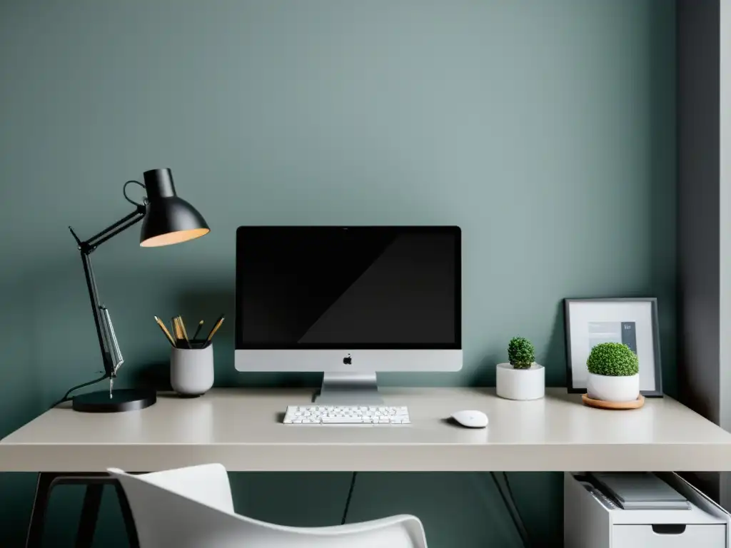 Elegante estación de trabajo para desarrolladores Espacio de trabajo minimalista con ordenador moderno y decoración limpia