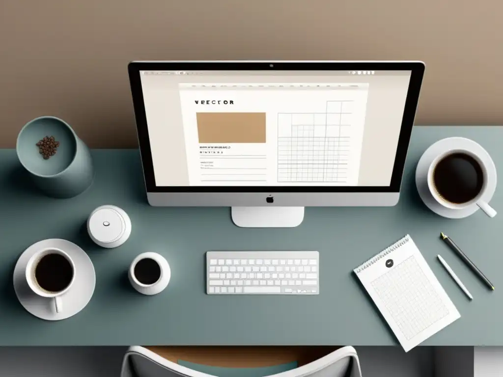 Workspace de diseñador con herramientas vectoriales y café Un espacio de trabajo minimalista y profesional con herramientas vectoriales en Sketch, que invita a dominarlas con precisión y enfoque