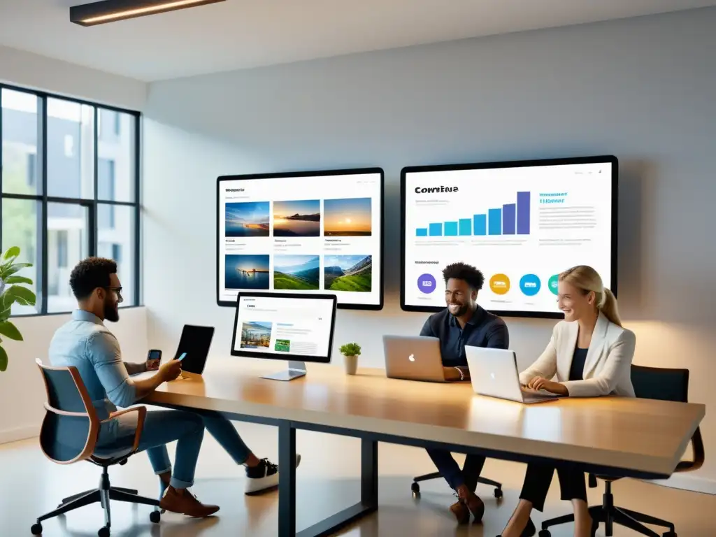 Equipo diverso interactuando con contenido responsive Un espacio de trabajo moderno y colaborativo con personas usando dispositivos, demostrando estrategias de contenido y diseño responsivo