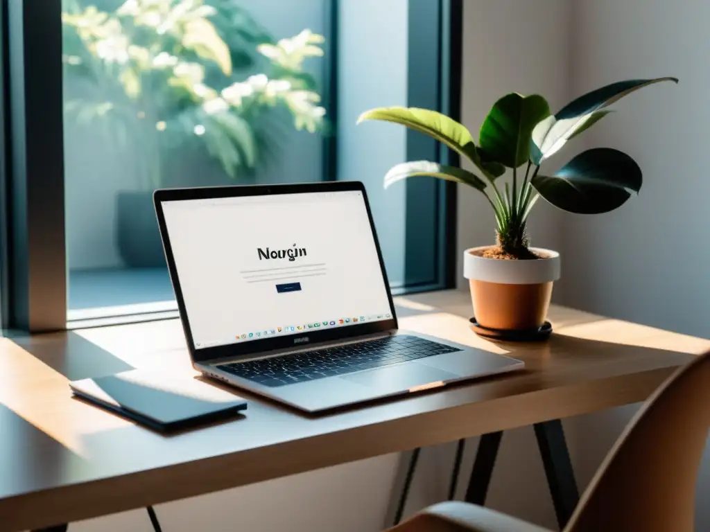 Espacio de trabajo minimalista para freelancers: elegancia y productividad Un espacio de trabajo profesional y minimalista con laptop, plantas y luz natural