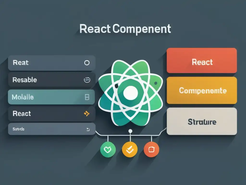 Esquema React: Componentes claros y reutilizables Una estructura de componentes React reutilizables y mantenibles, organizada y visualmente atractiva, con etiquetas y colores claros