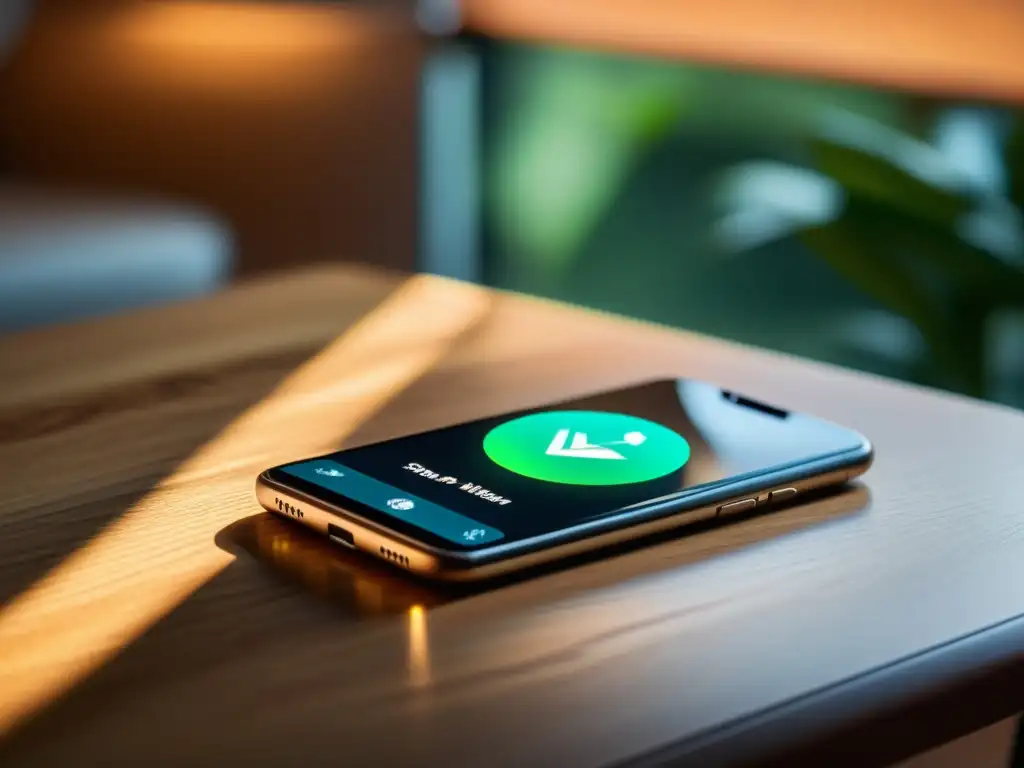 Interfaz offline elegante para PWA en smartphone Experiencia Offline Completa PWA: Smartphone en mesa de madera iluminado por luz cálida, interfaz elegante y entorno sereno