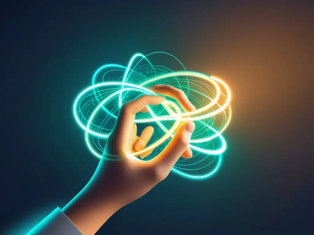 Desenredando código: dominio y eficiencia en estructuración de datos Un experto desenreda código, generando líneas brillantes que representan datos estructurados