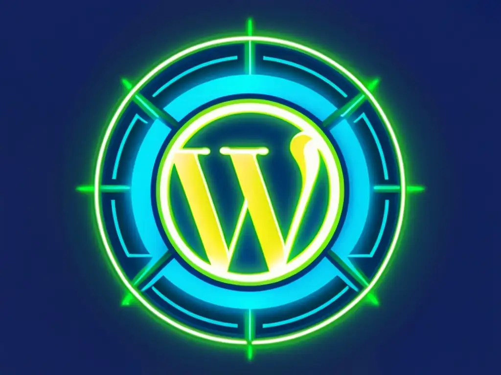 Firewall futurista protege el logo de WordPress con energía protectora Implementar firewall WordPress para prevenir ataques cibernéticos