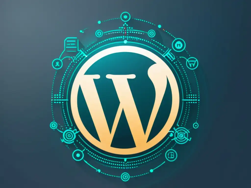 Firewall protector para WordPress: seguridad tecnológica Implementar firewall en WordPress para prevenir ataques cibernéticos: ilustración minimalista de un sitio web protegido por un firewall transparente con patrones digitales y símbolos de seguridad