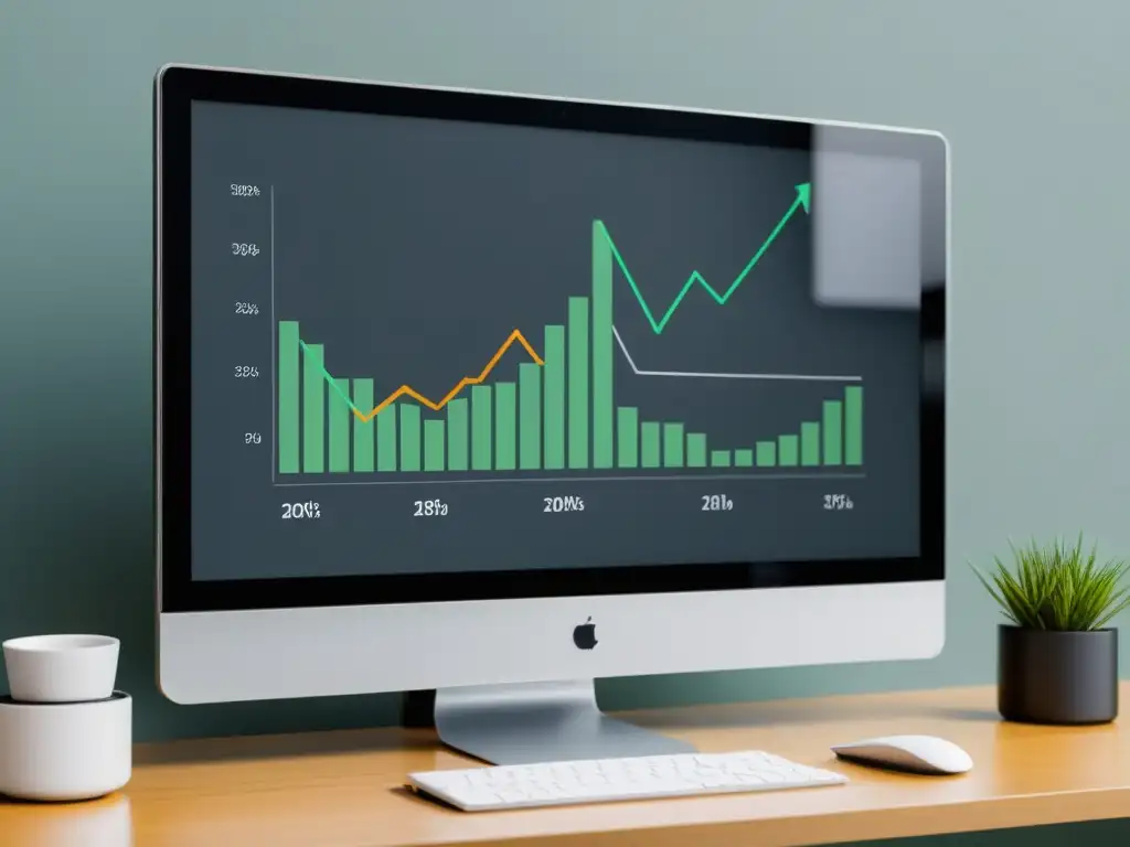 Gráfico de tendencia positiva: métricas web claras y elegantes Gráfica de tendencia positiva en pantalla de computadora, para evaluación de desempeño proyectos web