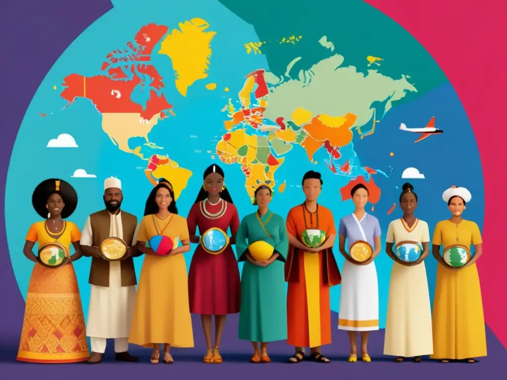 Mapa del mundo en colores: diversidad cultural en 8k Un grupo diverso destaca la percepción del color en audiencias globales con objetos culturales y un mapa mundial detallado