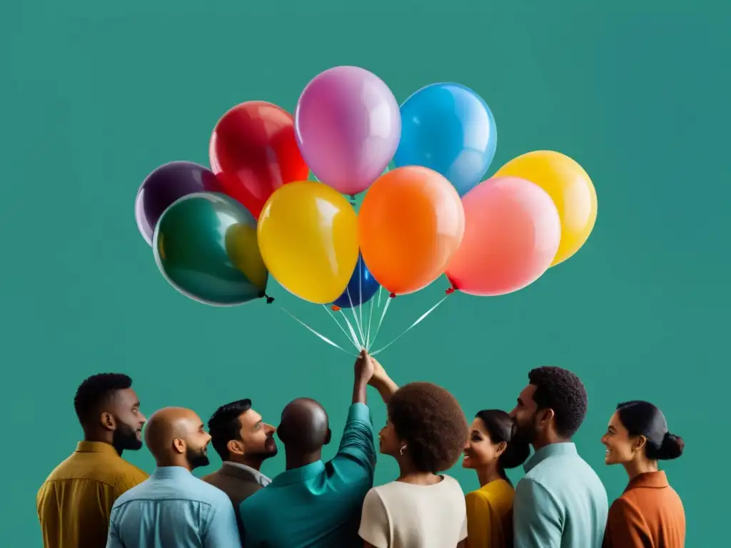 Unidad global: diversidad cultural representada en globos coloridos Grupo diverso de personas con globos de colores, uniendo culturas en un entorno sereno