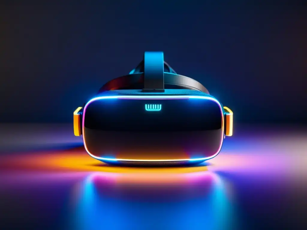 Headset de realidad virtual futurista con circuitos iluminados Un headset de realidad virtual iluminado por un suave resplandor neón, con patrones de circuitos intrincados