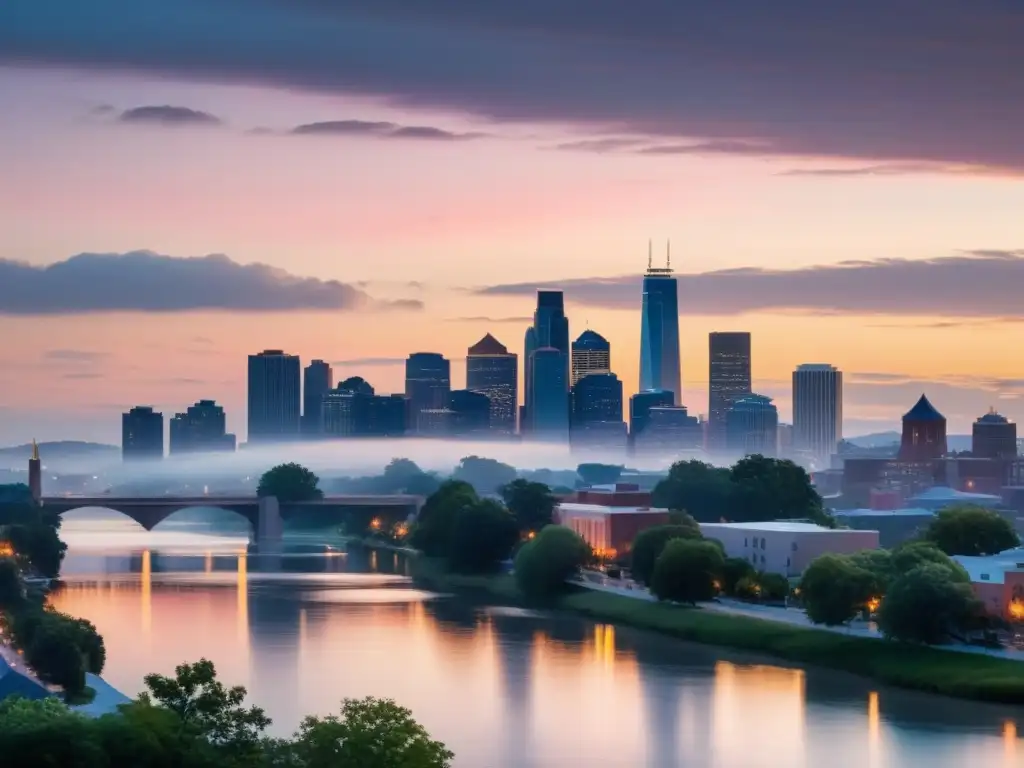 Horizonte urbano al atardecer: serenidad entre colinas Hermosa vista de la ciudad al atardecer con cálida iluminación, río sereno y colinas