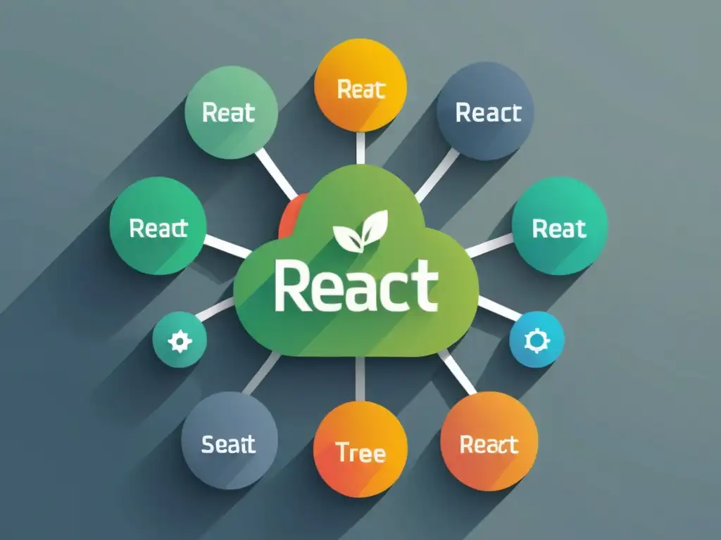 Árbol de Componentes React: Reusabilidad y Mantenimiento Una ilustración minimalista de un árbol de componentes React, transmitiendo la reutilización y mantenimiento de los mismos