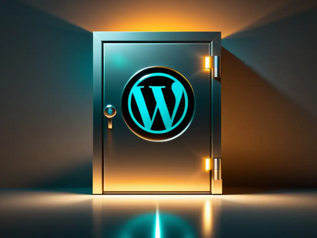 Resguardo WordPress: Protección inteligente para tu sitio Una ilustración minimalista de una bóveda segura con el logo brillante de WordPress en la puerta, rodeada de escudos protectores y cerraduras