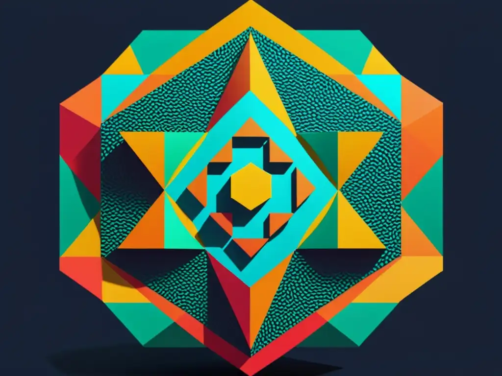Geometría vibrante y moderna con elementos SVG, Canvas y WebGL Una ilustración minimalista de una compleja forma geométrica compuesta por elementos entrelazados de SVG, Canvas y WebGL, con colores vibrantes y patrones intrincados, mostrando la integración perfecta de animaciones avanzadas en un diseño moderno y elegante