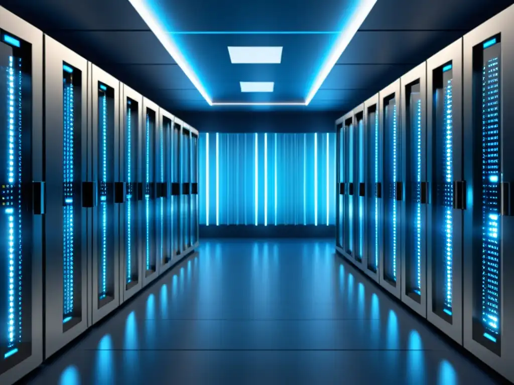 Centro de servidores futurista: seguridad y tecnología avanzada Una ilustración minimalista de un cuarto de servidores futurista con ciberseguridad en el BackEnd