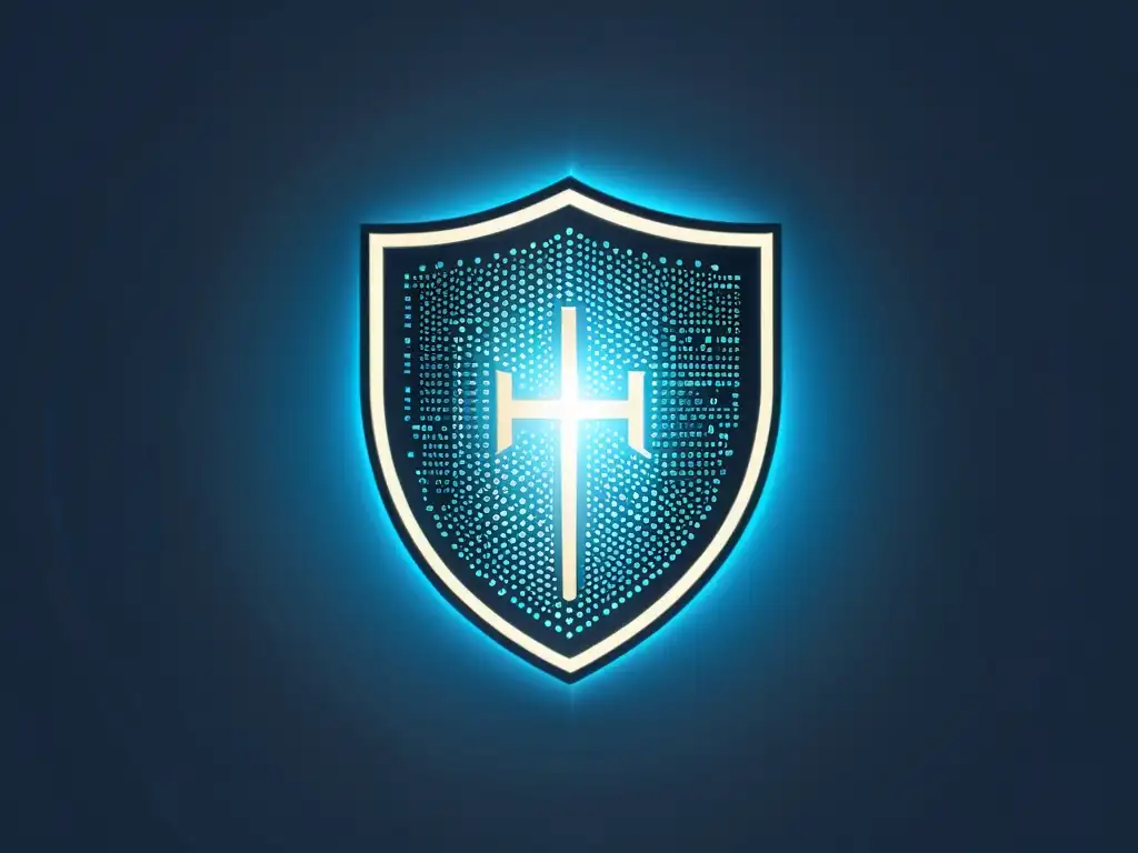 Escudo de código HTML: protección digital en azules y tonos metálicos Una ilustración minimalista de un escudo hecho de código HTML, rodeado de código binario, con un sutil brillo que transmite seguridad y fuerza