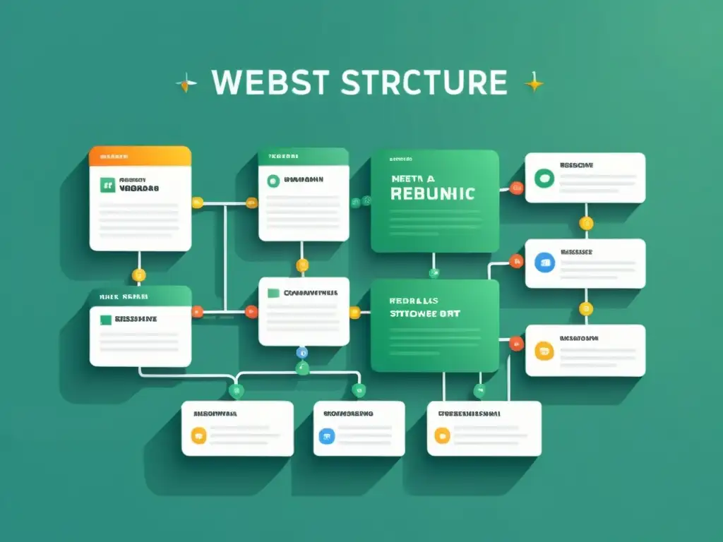 Estructura web dinámica con elementos de SEO Una ilustración minimalista de una estructura web dinámica, con nodos interconectados que representan diferentes páginas web, rodeada de elementos SEO como palabras clave, metatags y backlinks