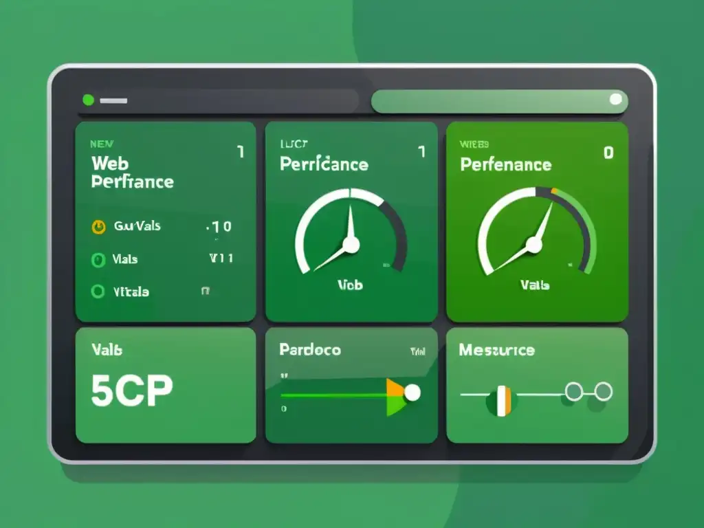Panel de rendimiento web: Métricas vitales en verde Una ilustración minimalista de un panel de rendimiento web con medidores que muestran las métricas de Core Web Vitals como LCP, FID y CLS