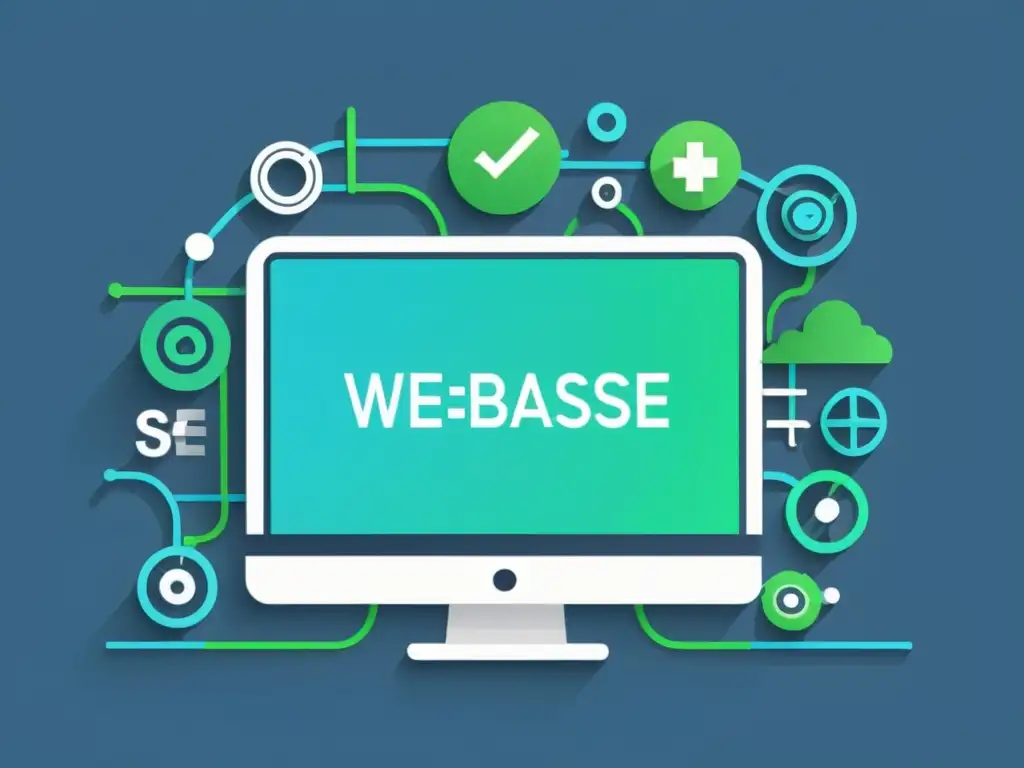 WebAssembly: Potencia tu SEO con eficiencia Una ilustración minimalista de una pantalla de computadora con código de WebAssembly, rodeada de íconos y símbolos relacionados con SEO