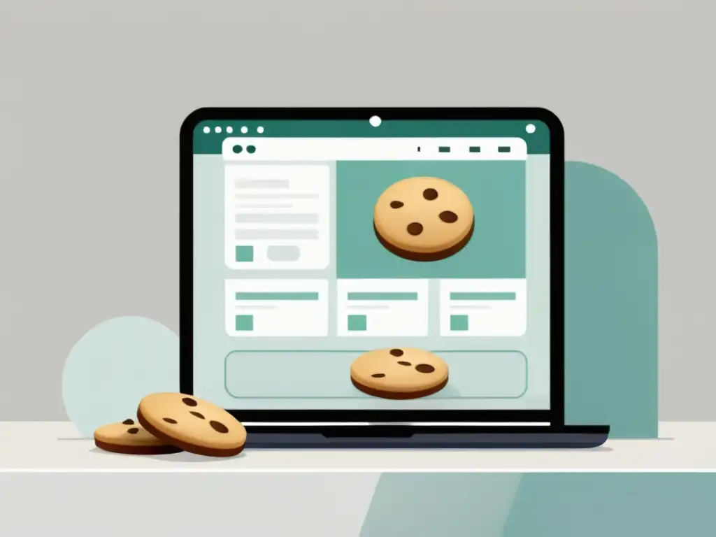 Intercambio de Cookies: Ilustración Minimalista Una ilustración minimalista de una pantalla de computadora con una ventana del navegador abierta, mostrando el intercambio de una cookie entre el servidor y el cliente