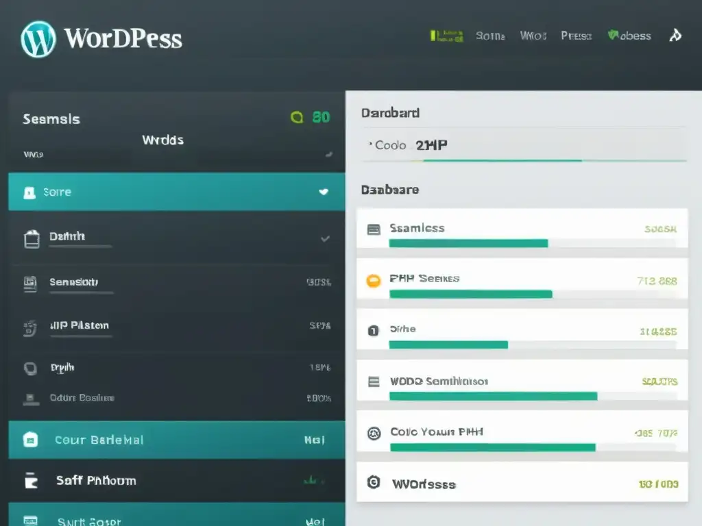 Dashboard de WordPress con código PHP personalizado Una imagen detallada de un elegante panel de control de WordPress con funcionalidades personalizadas en PHP integradas de manera armoniosa