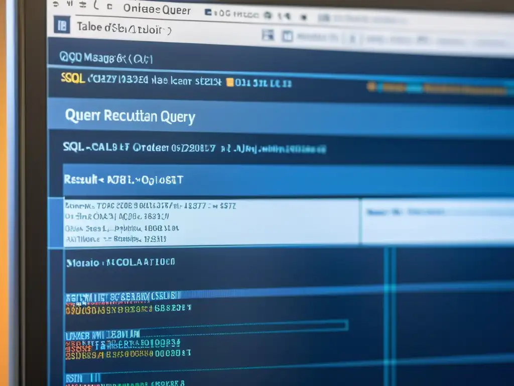 Optimización SQL en Pantalla: Detalles en Alta Definición Una imagen detallada de una pantalla de computadora muestra una compleja consulta SQL siendo optimizada en tonos azules y grises