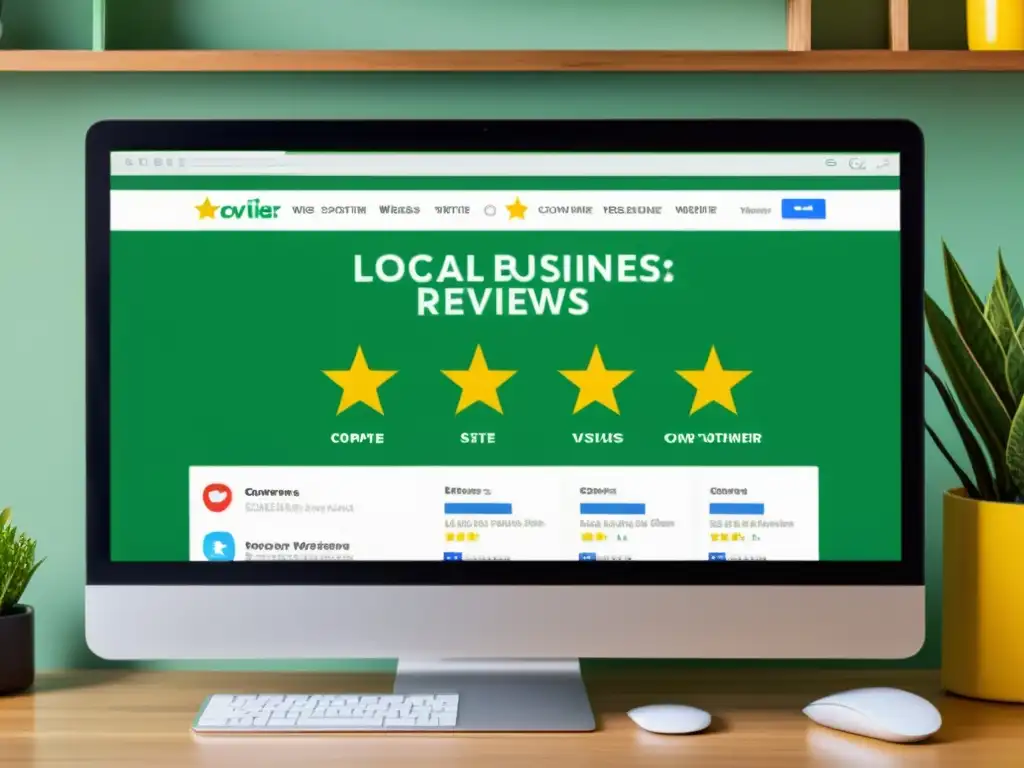 Reseñas Impactantes: Impulsa tu Negocio Local Una imagen detallada de reseñas online positivas y estrellas en una web de negocios local, transmitiendo confianza y credibilidad para el SEO local