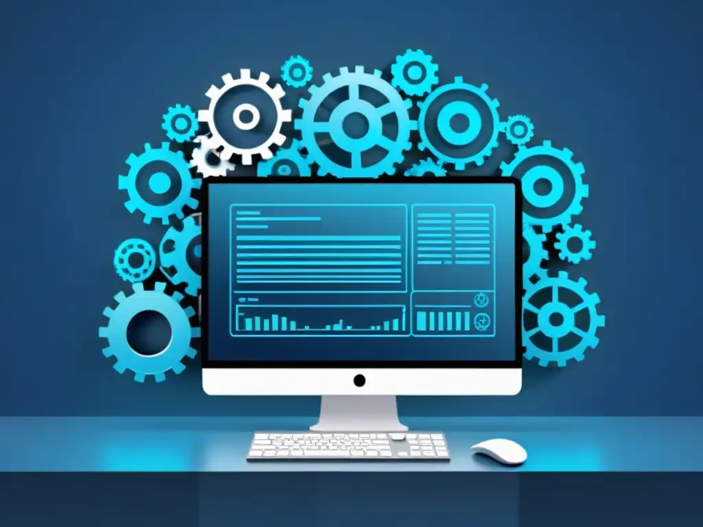 Automatización de tareas: código en ejecución con estética futurista Imagen de una pantalla de computadora con código ejecutándose, rodeada de engranajes y relojes, representando la automatización de tareas