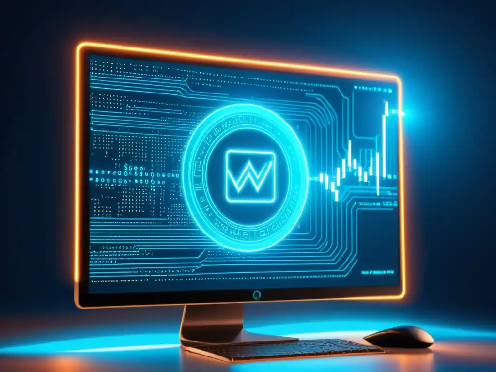 Desarrollo web de criptomonedas: pantalla minimalista con código y símbolos Imagen de pantalla de ordenador con código y símbolos de criptomonedas, iluminada en azul, evocando el curso avanzado diseño web criptomoneda