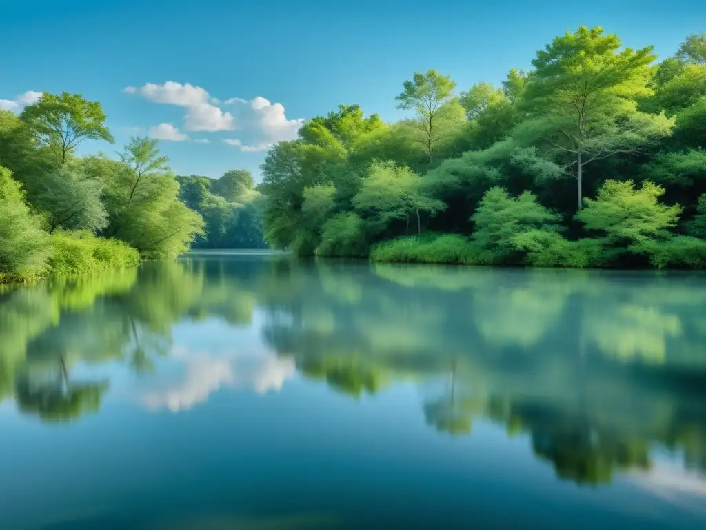 Paisaje sereno de un estanque cristalino Imagen realista en WebGL de un tranquilo estanque, reflejando la naturaleza serena