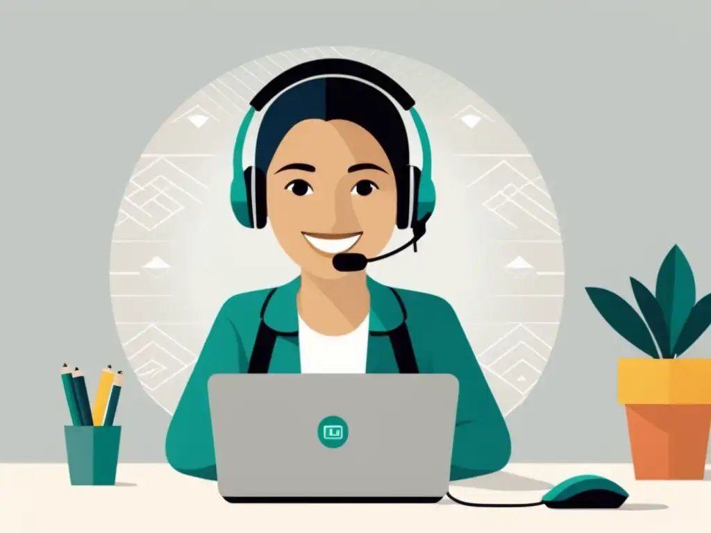 Representante de Servicio al Cliente: Profesionalidad y Calidez Imagen de un representante de atención al cliente con sonrisa cálida en un entorno profesional y acogedor, rodeado de las mejores herramientas para atención al cliente WooCommerce