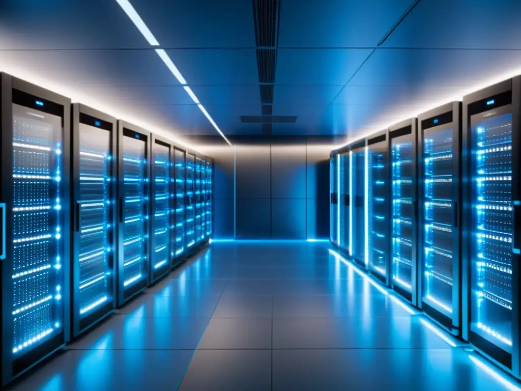 Sala de servidores en la nube: Elegancia y tecnología 8k Imagen de sala de servidores en la nube, con orden y sofisticación, reflejando el desarrollo de aplicaciones en la nube con Python y JavaScript