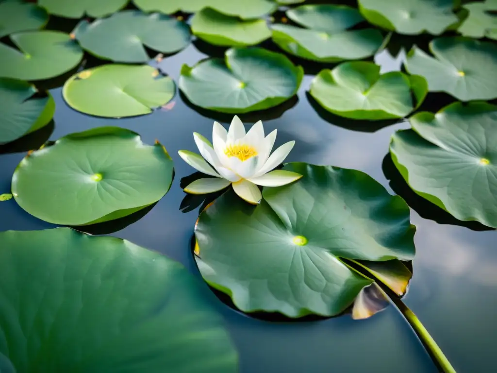 Paisaje sereno: estanque tranquilo con flor de loto blanca Imagen serena de un estanque rodeado de vegetación exuberante, con un loto blanco flotando en la superficie del agua