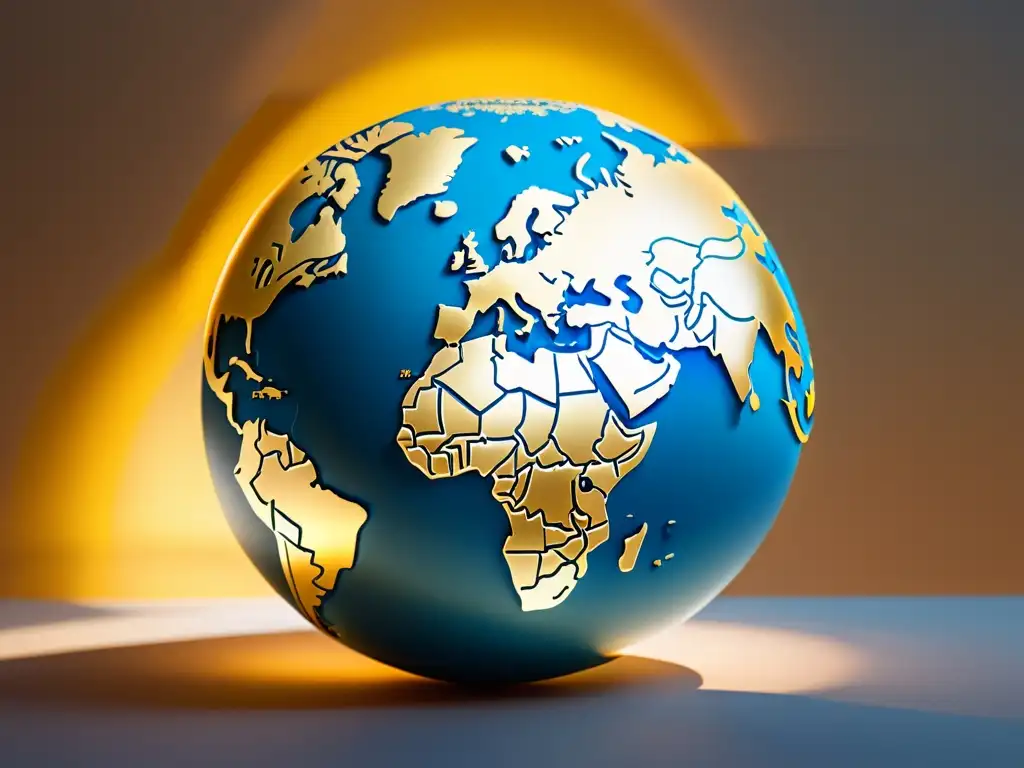 Imagen serena y sofisticada de un globo rodeado de símbolos de monedas, iluminado por una cálida luz dorada