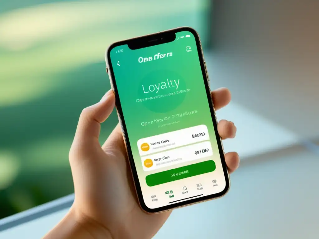 Ofertas personalizadas: App de fidelización en smartphone Imagen de smartphone con la app de Crear cupones descuentos WooCommerce, interfaz moderna y ofertas personalizadas, iluminación suave y minimalista