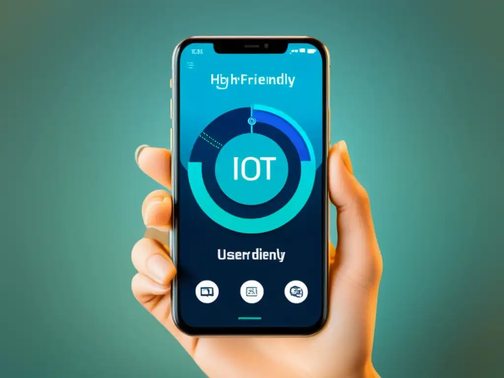 Interfaz híbrida IoT en smartphone Imagen de un smartphone moderno con una interfaz de aplicación IoT híbrida, transmitiendo profesionalismo y eficiencia
