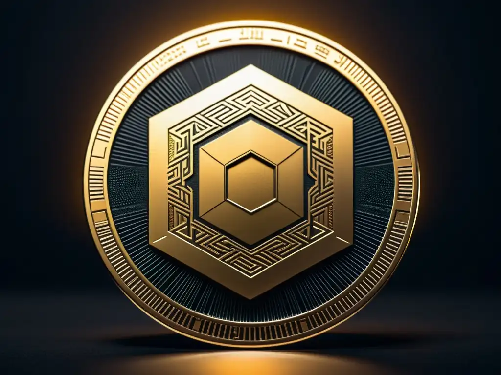 Token criptográfico futurista con brillo etéreo Imagen de token de criptomoneda futurista con patrones geométricos, en un fondo oscuro y moderno