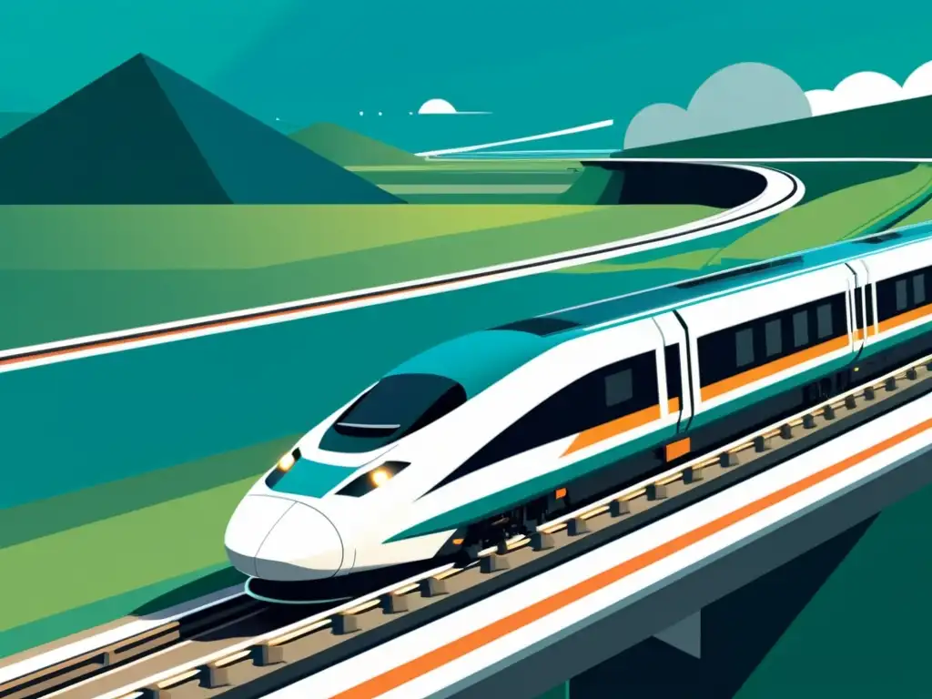 Tren de alta velocidad futurista surcando el paisaje Imagen de un tren futurista de alta velocidad surcando una vía elevada, evocando optimización, velocidad y tecnología avanzada
