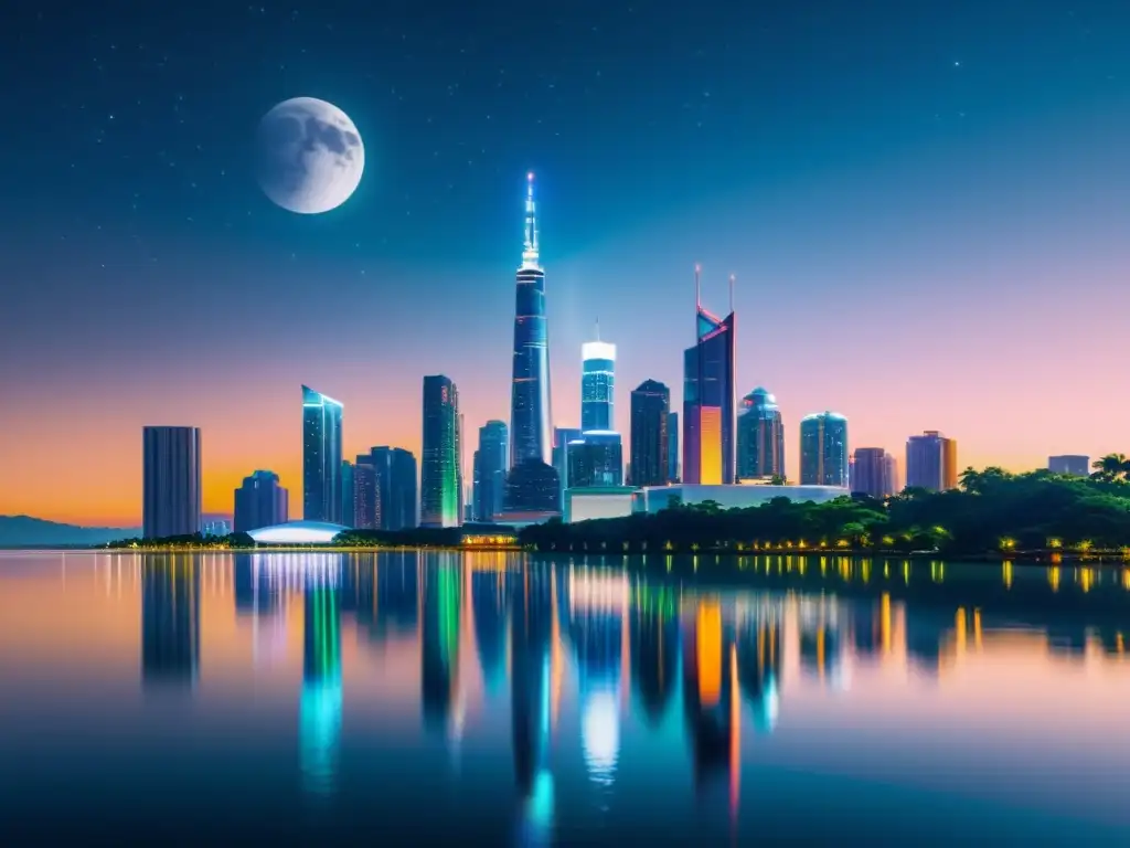 Horizonte futurista: metrópolis nocturna con luces de neón Imponente ciudad futurista de noche con rascacielos brillantes y paisaje natural, reflejados en el agua