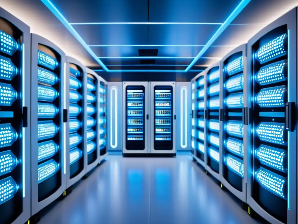 Salón de servidores futurista: 8k ultradetallado Un impresionante server room futurista integrando bases de datos SQL y NoSQL, bañado en una suave luz azul y blanca