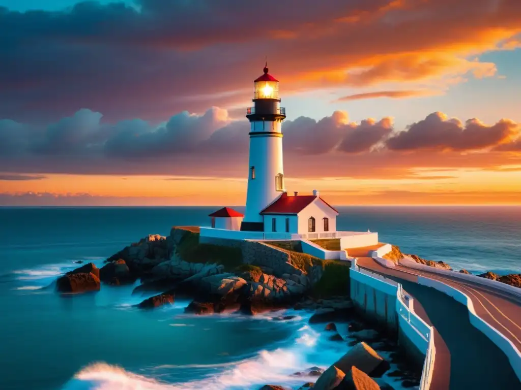 Espléndido faro moderno iluminado por un atardecer vibrante Una impresionante imagen 8k de un moderno faro en una puesta de sol vibrante, emitiendo una luz radiante sobre el océano tranquilo