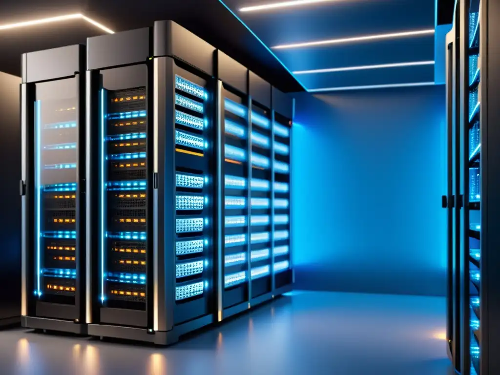 Infraestructura serverless futurista en 8k Una infraestructura serverless futurista con despliegue continuo, nodos iluminados y racks organizados