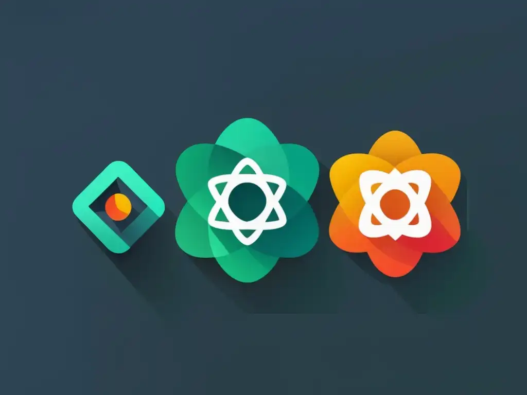 Integración CSS con React, Vue y Angular Integración animaciones CSS en frameworks modernos: Ilustración minimalista de React, Vue y Angular con elegantes animaciones de CSS