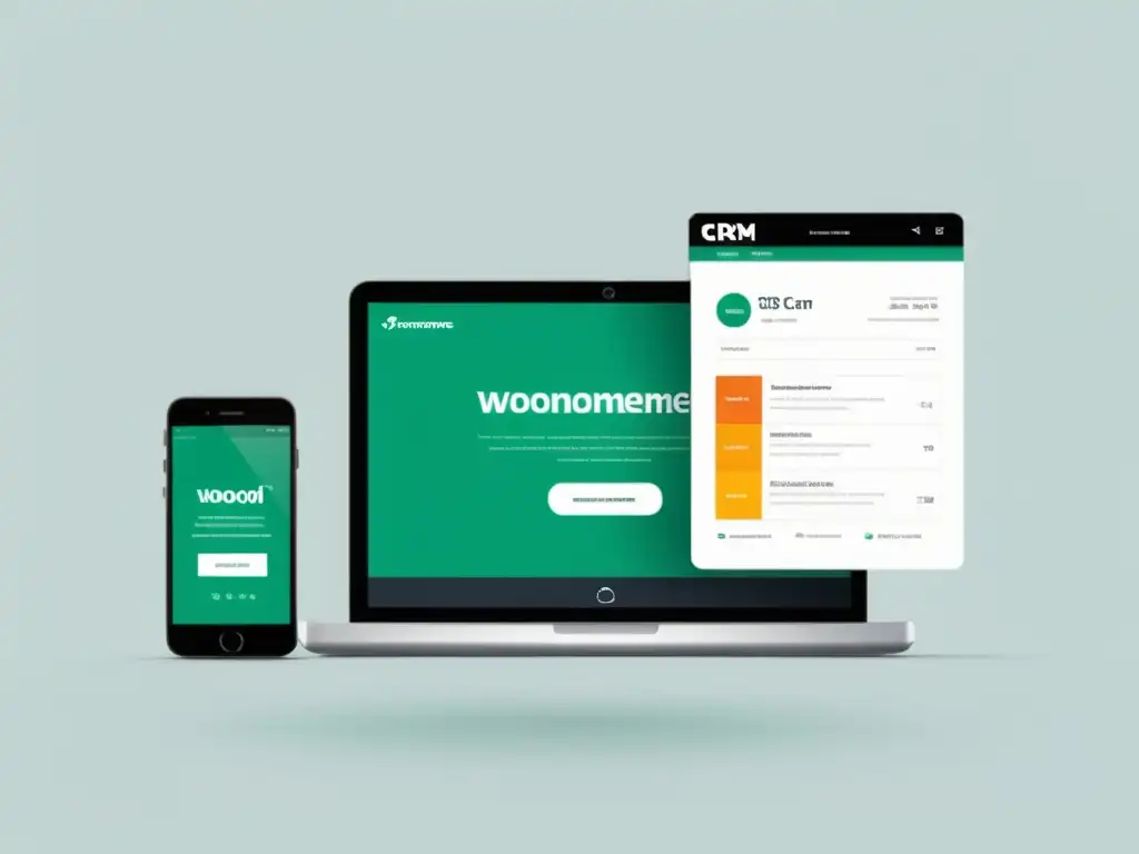 Integración perfecta de WooCommerce y CRM: eficiencia y profesionalismo Integración WooCommerce CRM clientes: Gráfica minimalista que muestra la fluidez entre plataformas, transmitiendo profesionalismo y eficiencia