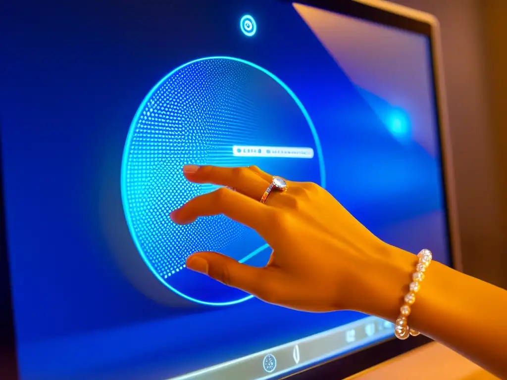 Exquisita interacción táctil en pantalla futurista Diseño UX para interfaces táctiles avanzadas: Mano elegante realizando gesto multitáctil en pantalla futurística y sofisticada