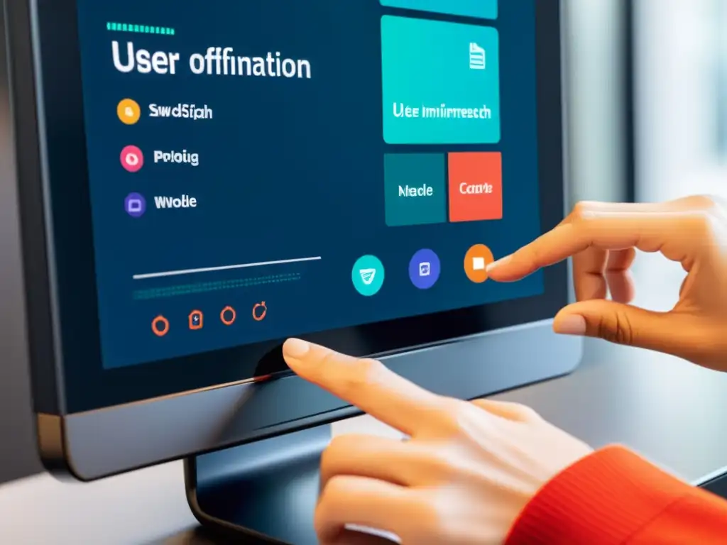 Diseño de UX avanzado: Interacción táctil dinámica en pantalla Diseño UX para interfaces táctiles avanzadas: Una mano interactúa con una pantalla táctil, mostrando una experiencia suave y moderna