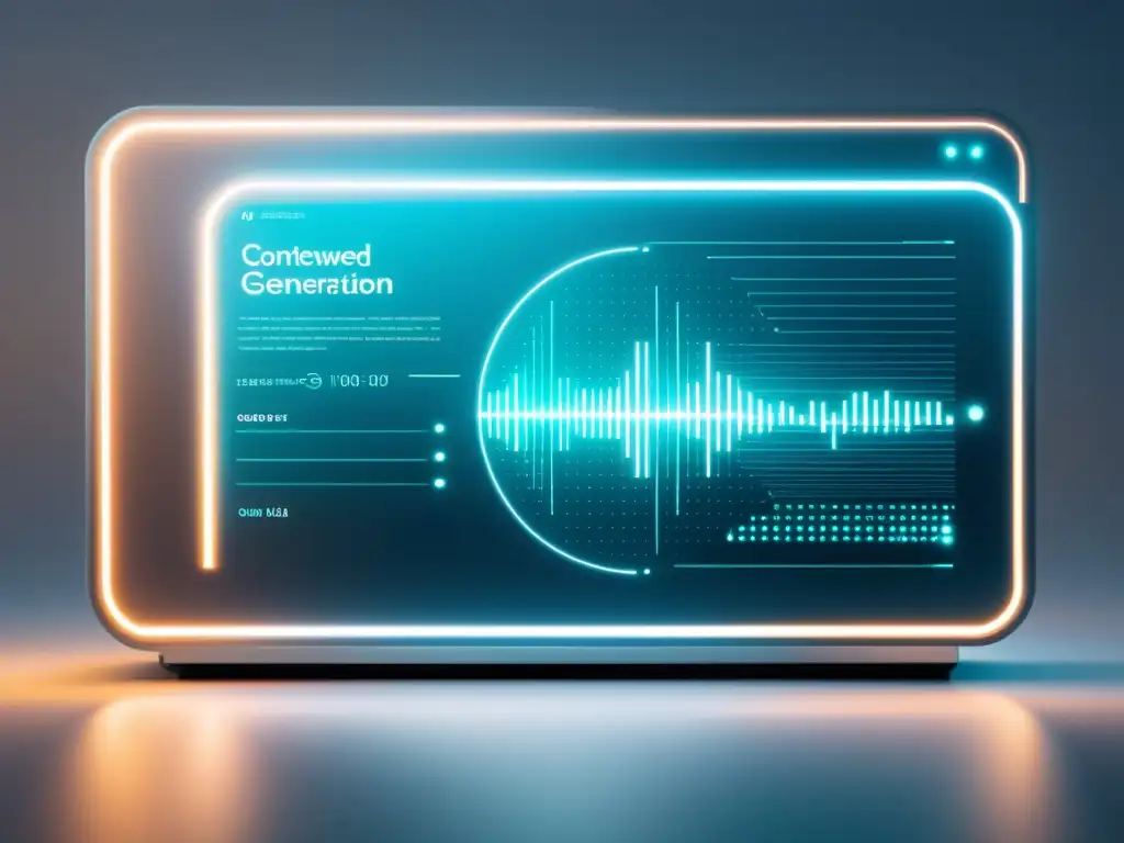Interfaz futurista de IA: innovación y tecnología avanzada Interfaz futurista de generación de contenido con IA, con líneas de código y visualizaciones de datos, iluminación suave y minimalista