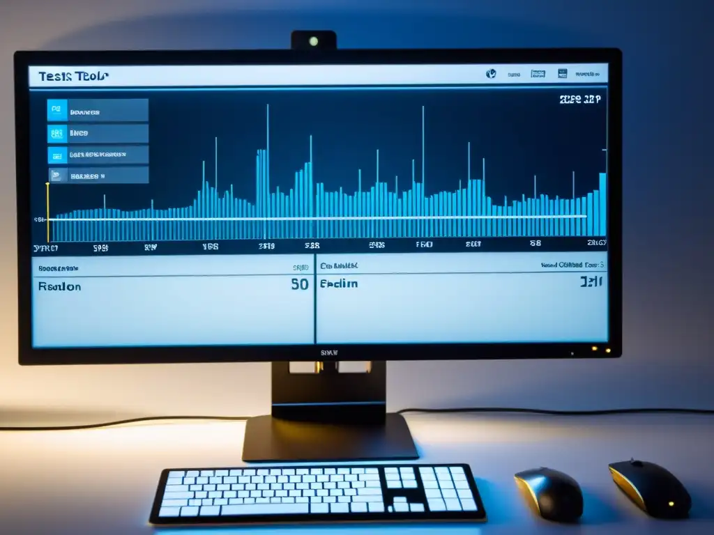 Interfaz de Pruebas de Alta Definición: Tecnología Sofisticada y Eficiente Interfaz de herramienta de pruebas de calidad para microservicios, con gráficos nítidos y controles intuitivos en un espacio minimalista y sofisticado