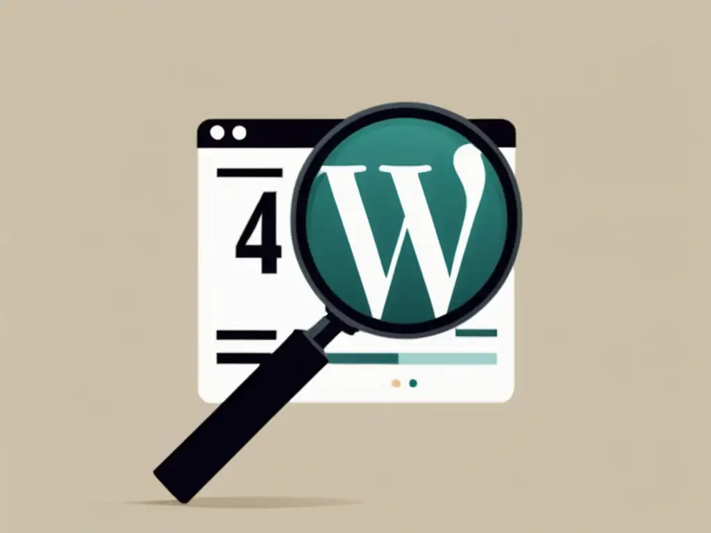 Interfaz minimalista de un sitio web de WordPress con un código de error '404' y una lupa