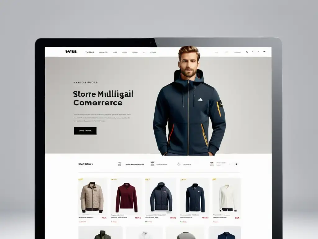 Interfaz minimalista de tienda online multilingüe WooCommerce, destacando elegante navegación y productos internacionales